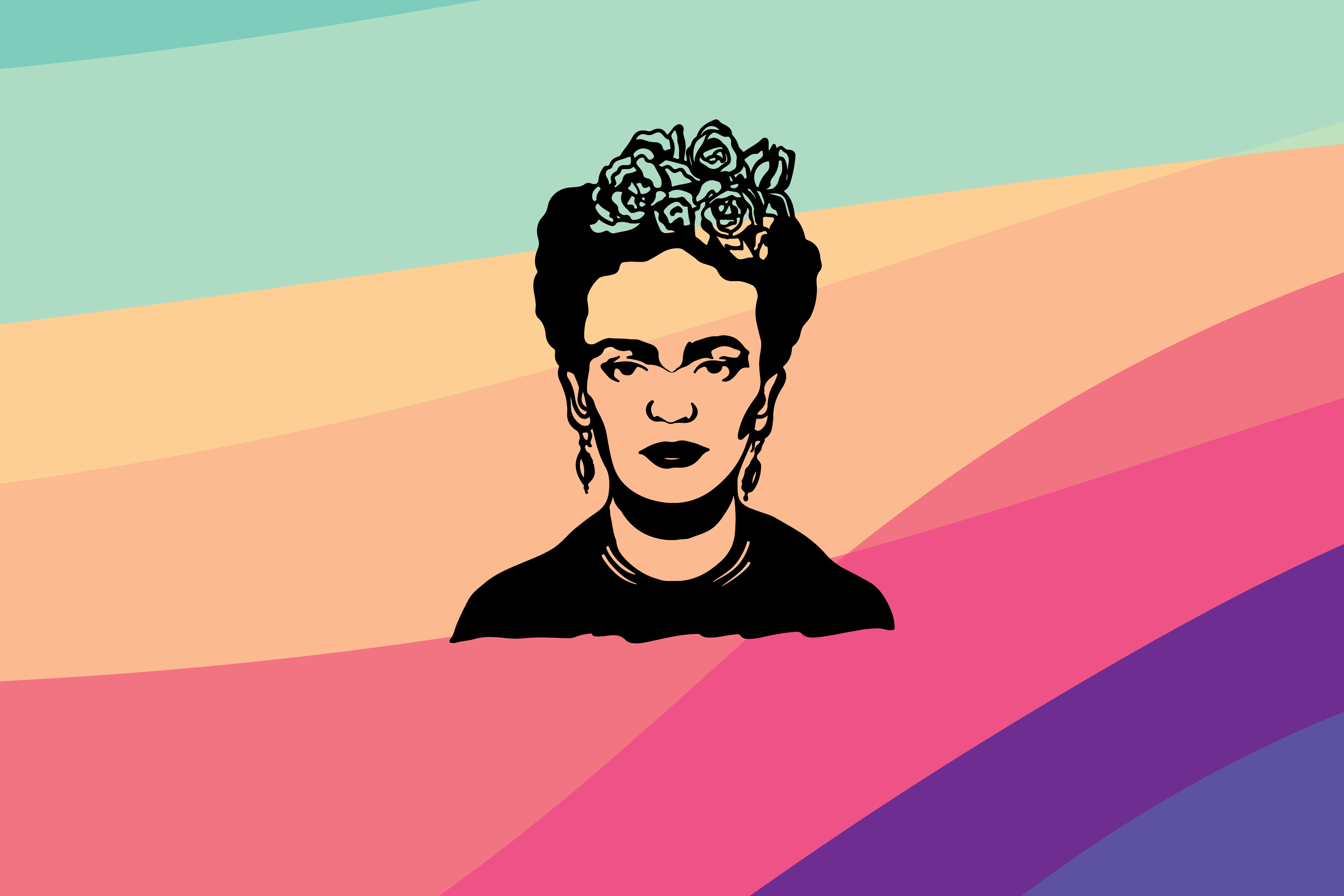 Illustration af Frida Kahlo's ansigt på farvet baggrund