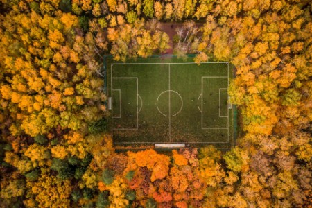 Fußballplatz zwischen vergilbten Herbstbäumen in Zaretschje
