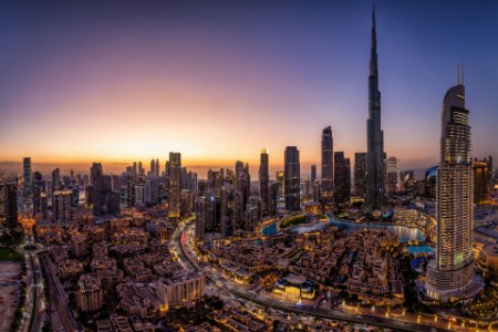 Panoramic view illuminated Downtown skyline Dubai