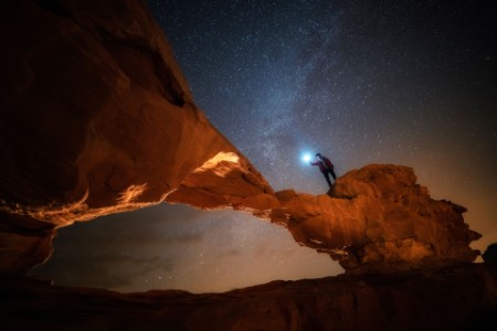 Night and Star Scene of Stone Arc in Wadi Rum, Jordan