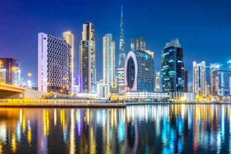 Dubai Business Bay area and night city scenic skyline