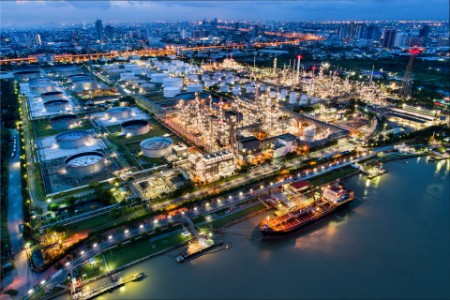 Oil refinery industry plant aerial view night