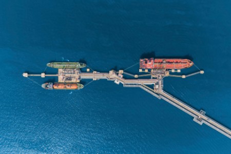 aerial top view oil tankers park at oil port