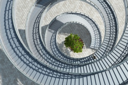 Aerial view of a spiral staircase with a tree in the middle