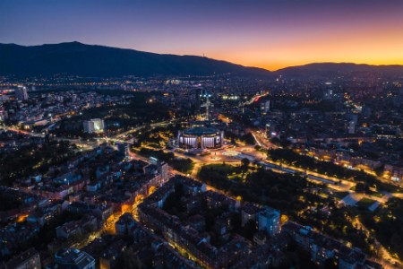 Ultra wide night aerial view of downtown district in Sofia, Bulgaria  