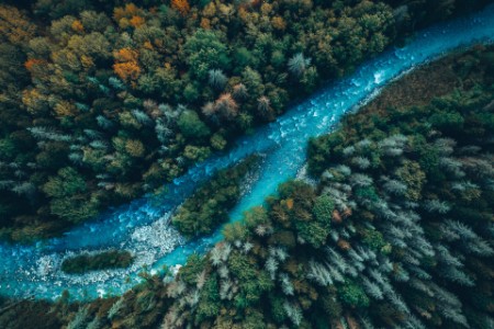  Drone aerial top view of mountain river and forest