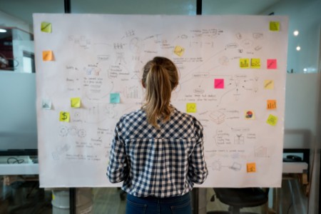 EY - Woman sketching a business plan on a placard at a creative office