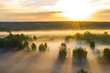 EY - Aerial view of beautiful misty dawn on a river