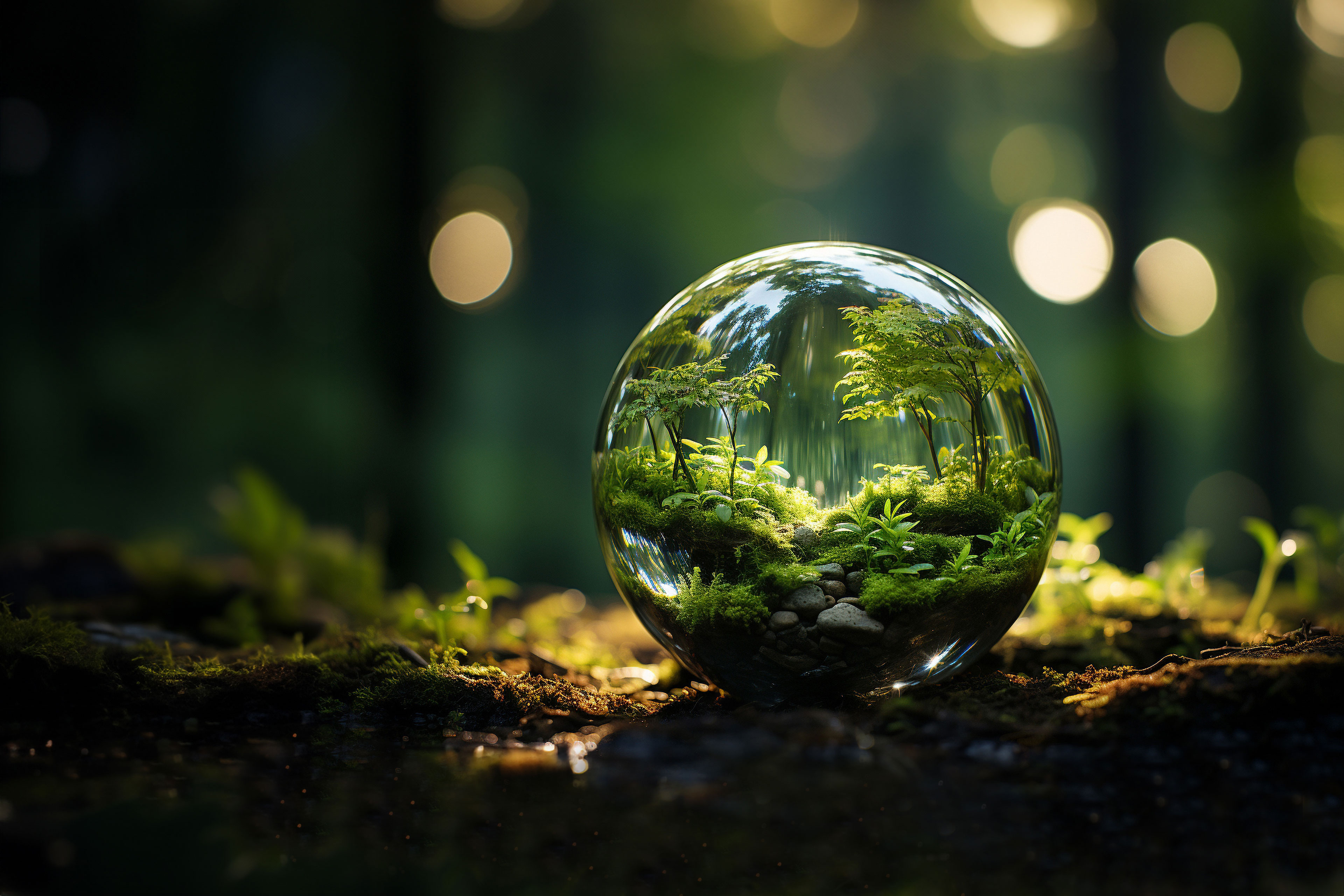 EY - Glass globe surrounded by forest flora