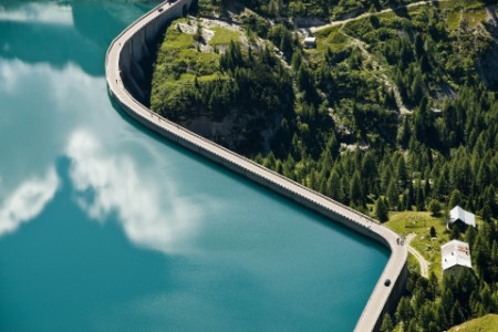 Dam at end of Fassa Valley in Dolomites.