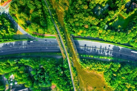 Aerial directly above view of green bridge ecoduct for fauna crossing above highway in the Western Europe.