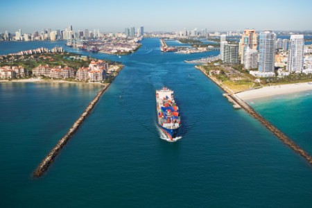 aerial view waterfront city cargo ship