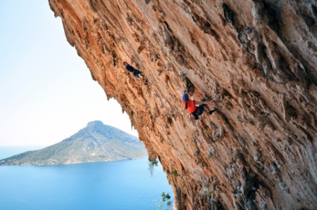 Two climbers on rock wall at Kalymnos Greece