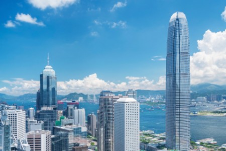 Hong Kong skyscrappers under blue sky