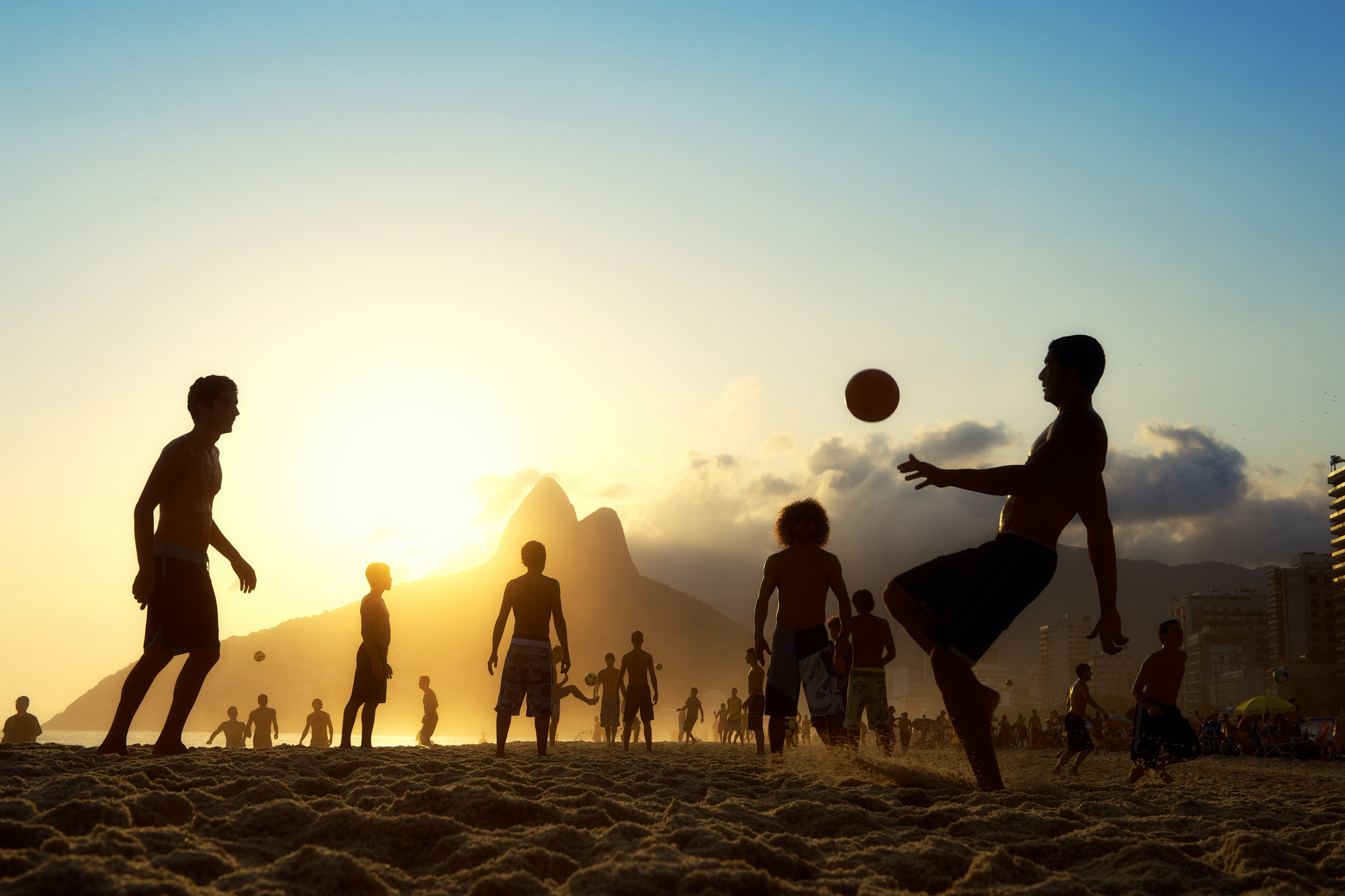 Sunset Silhouettes Playing Altinho Futebol Beach Football Brazil