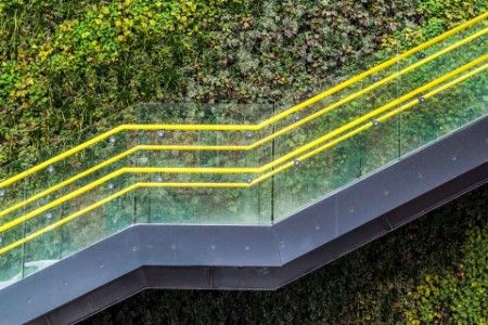 Utendørs trapp med grønn plantevegg