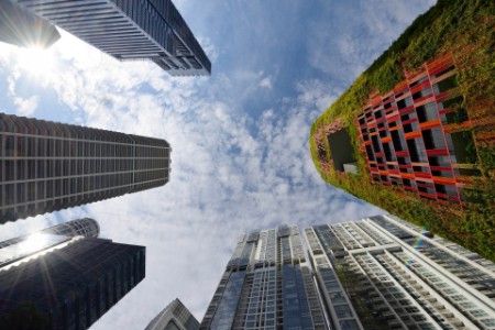 Looking up at office towers in Singapore's Tanjong Pagar