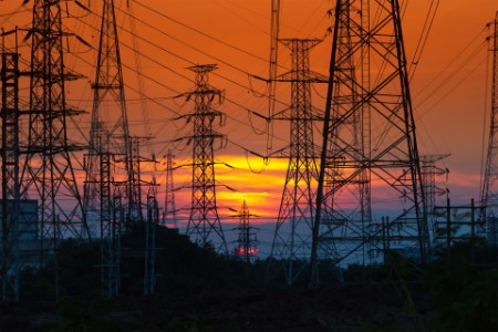 Picture of Electricity station and towers at sunset