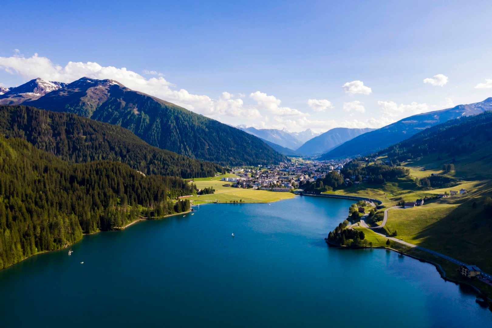 Aerial view of lake Davos in summer Switzerland