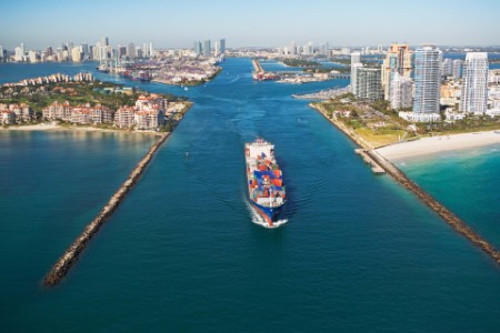 Aerial view of waterfront city-and cargo ship