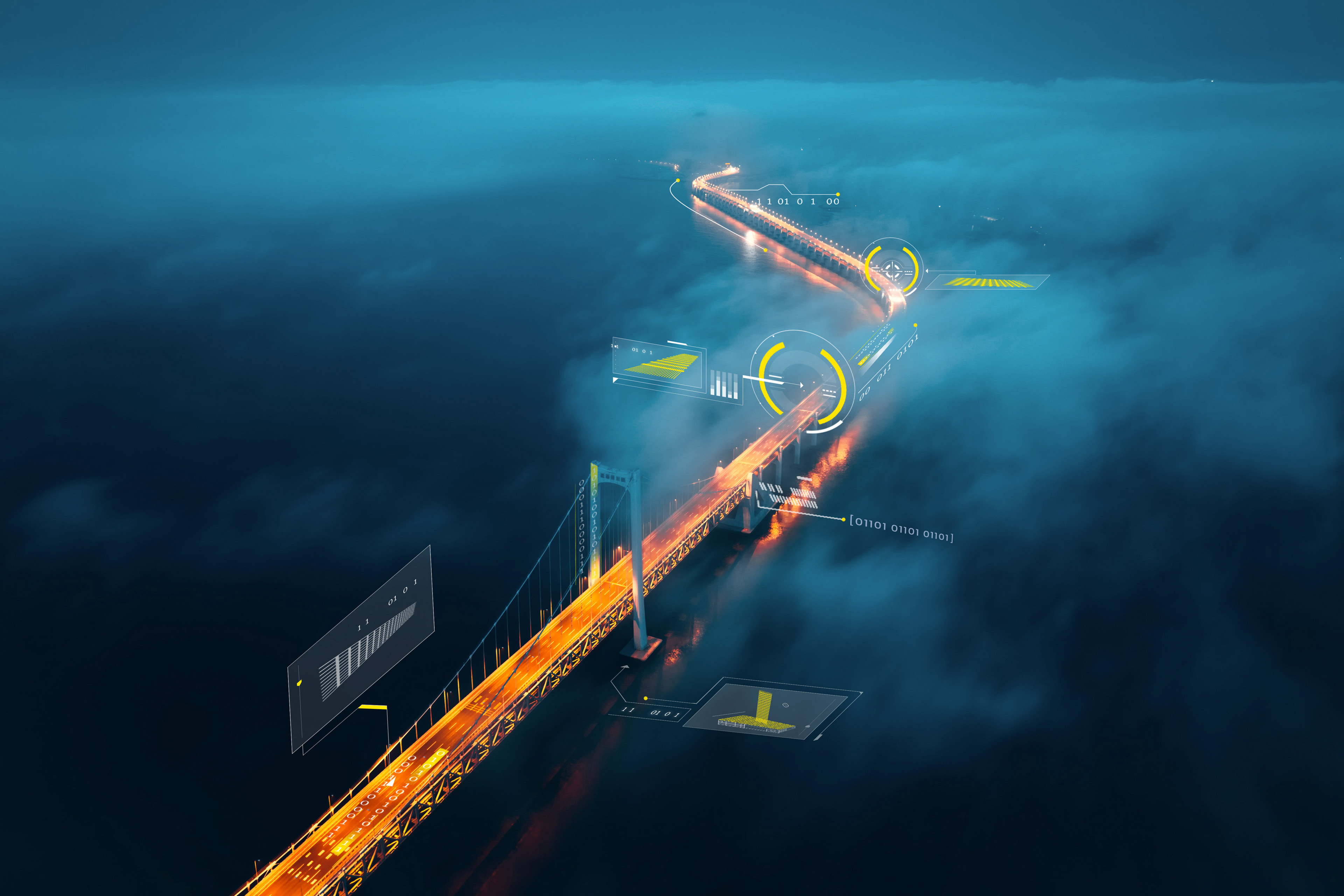 AI a cross sea bridge in the fog at night