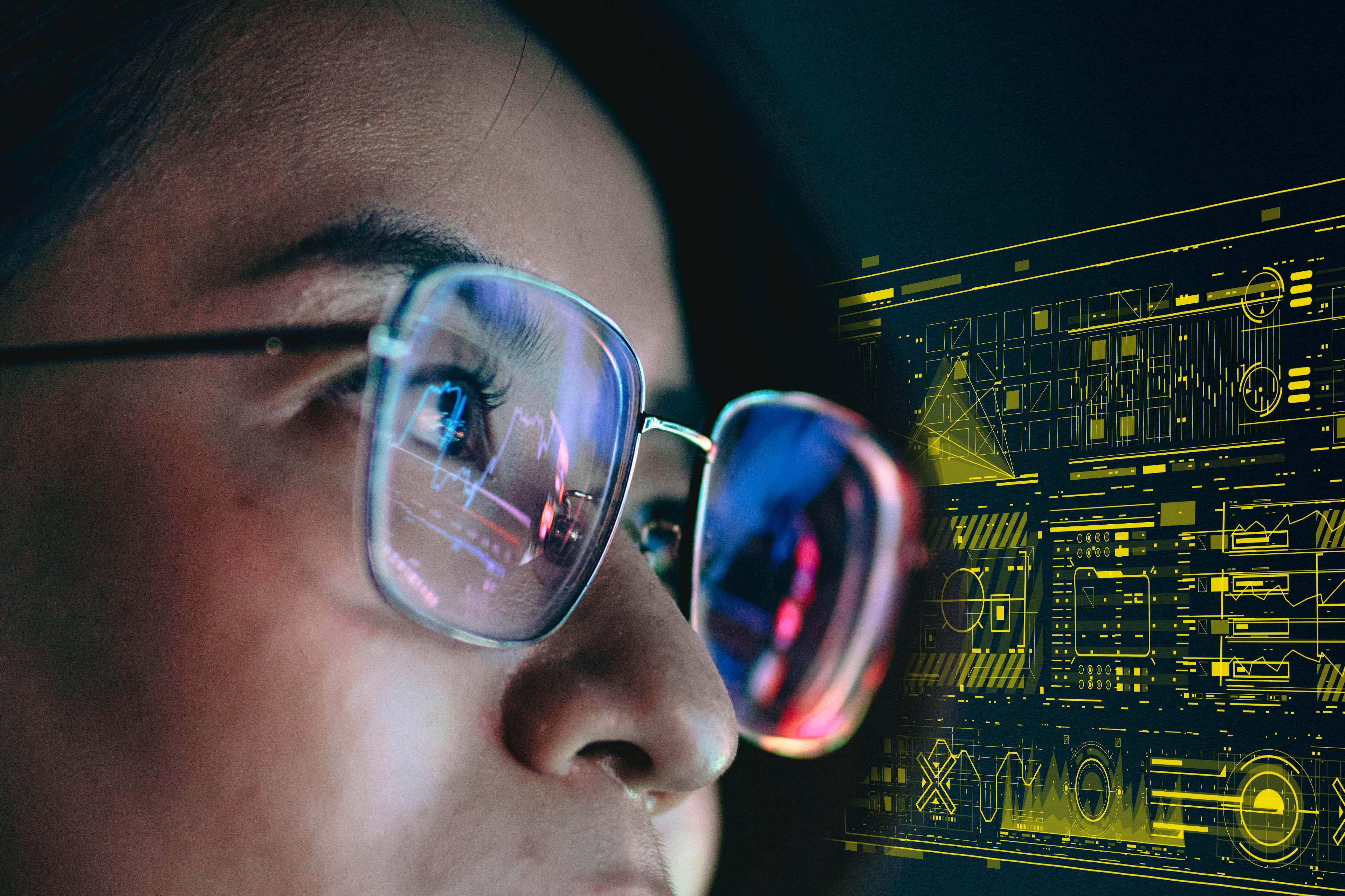 AI reflection of a graph in woman's glasses