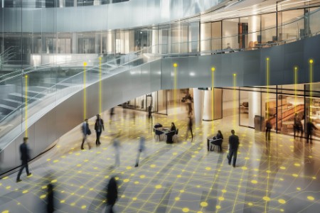 Top view Long exposure shot of modern office lobby with business people walking hero image