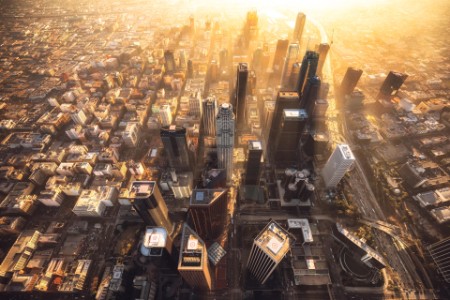 Downtown los angeles during a hazy sunset from a helicopter