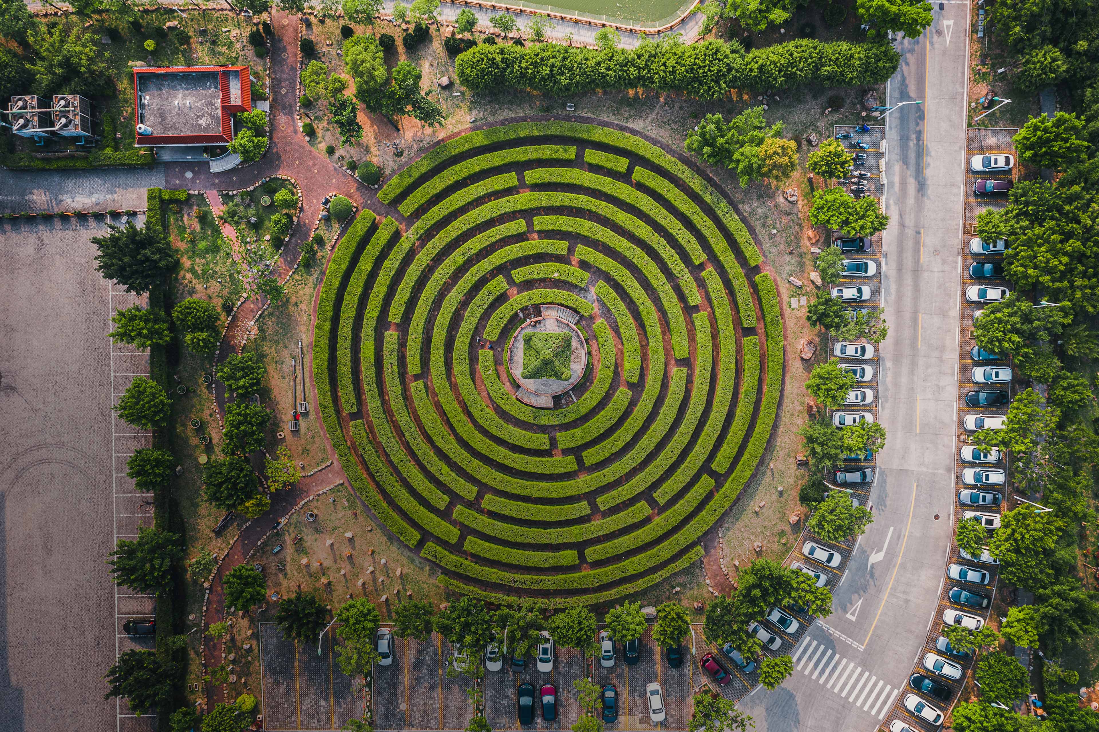 Aerial view of a circular garden maze