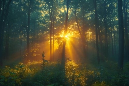 Sunrise peeking through the trees in a dense forest