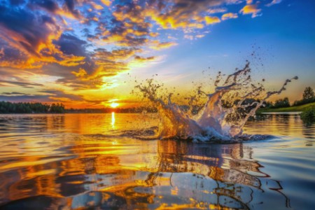 Vibrant sunset casts a warm glow on serene lake waters