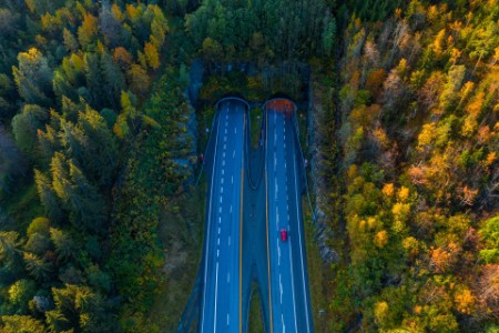 高速道路のトンネルに向かう車を上空から撮影した写真
