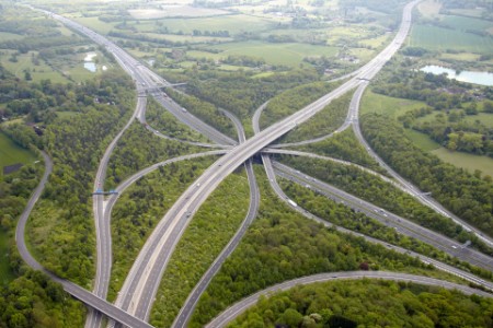 Aerial view of motorway junction near redhill surrey