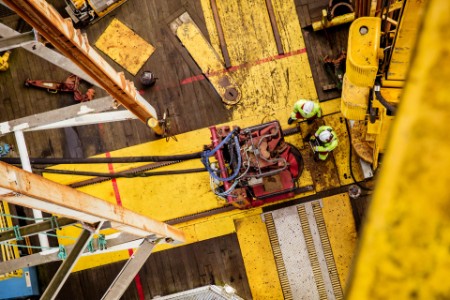 High angle view of workers working at construction site