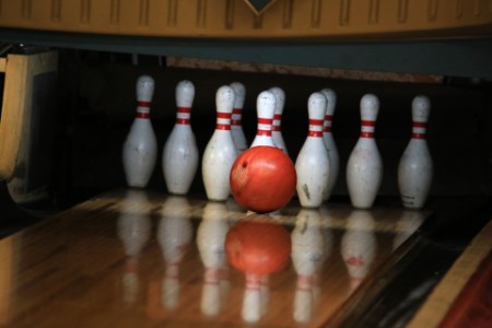 Ball and pins at a bowling alley