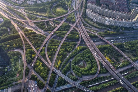 curved flyovers and multi lane highways in Shanghai