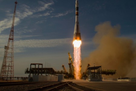 The Soyuz TMA-06M spacecraft launches from the Baikonur Cosmodrome