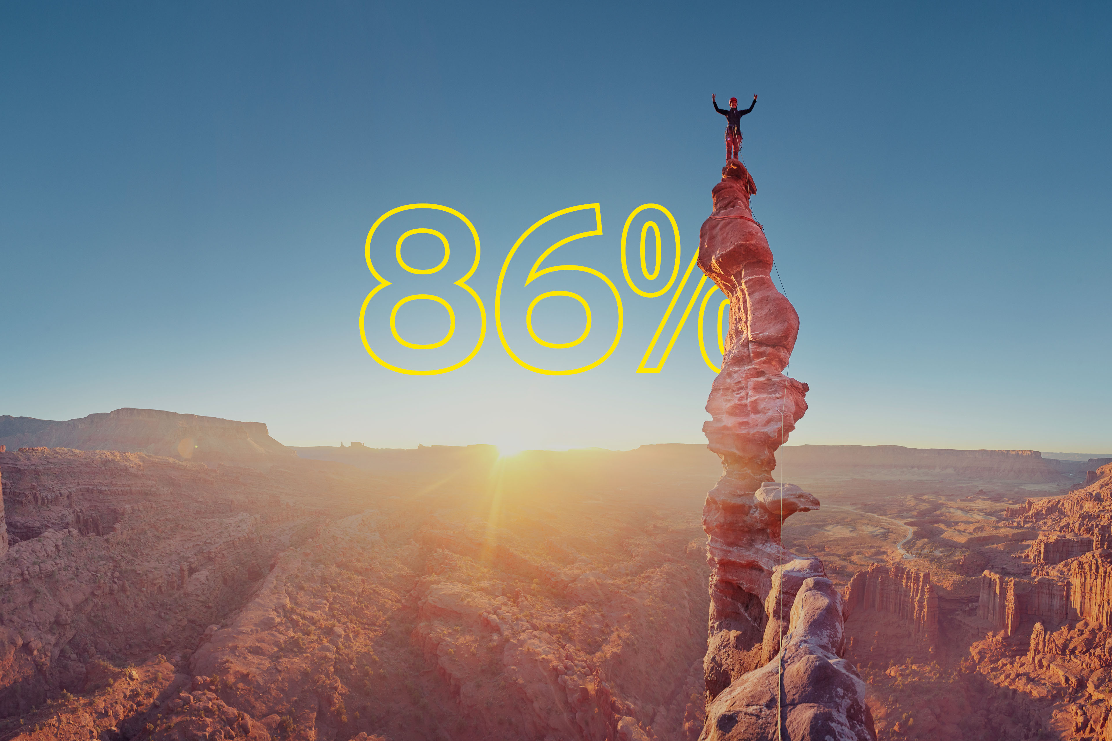 Alpinista comemorando no topo da escalada ao pôr do sol em Moab, EUA – texto amarelo sobreposto dizendo 86%