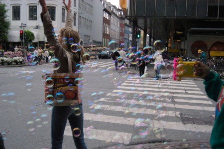 crowded urban sidewalk bubbles