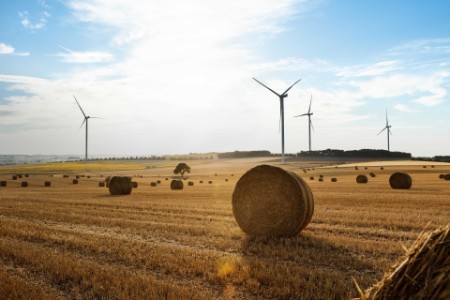Wind turbines in a field with bales of straw