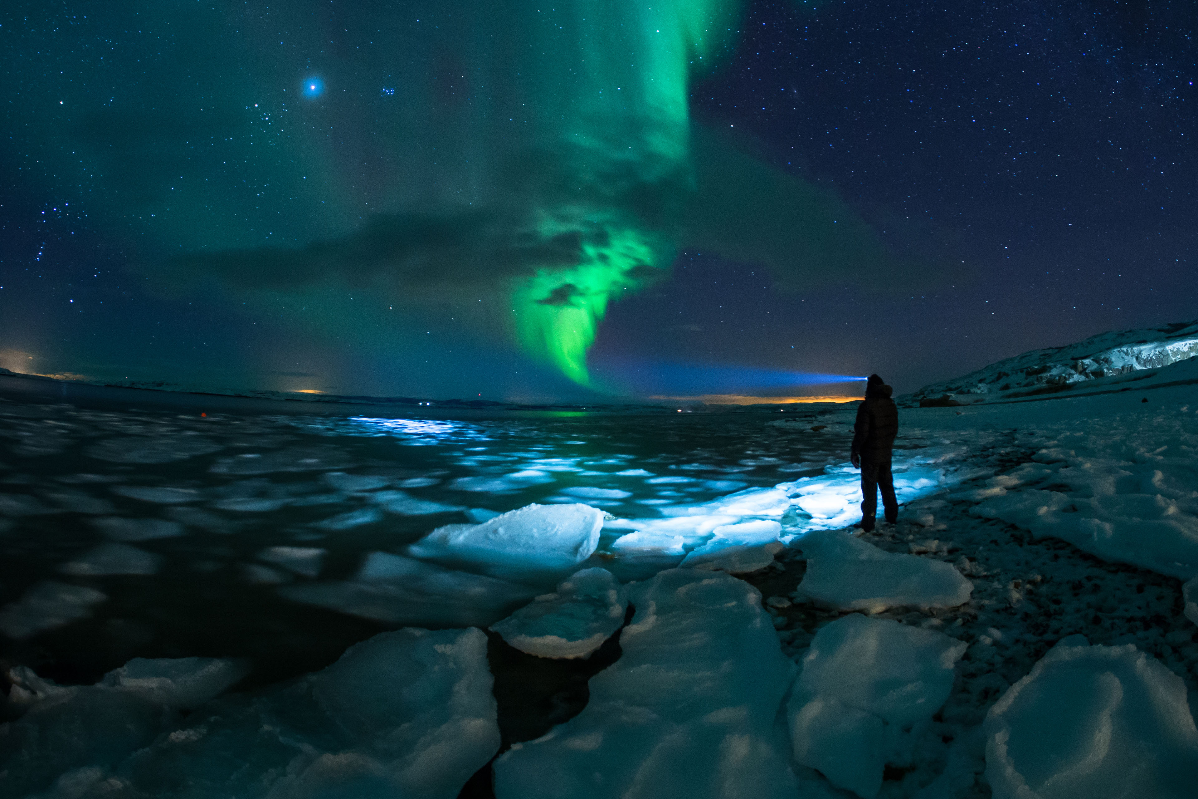 Man watching a majestic aurora