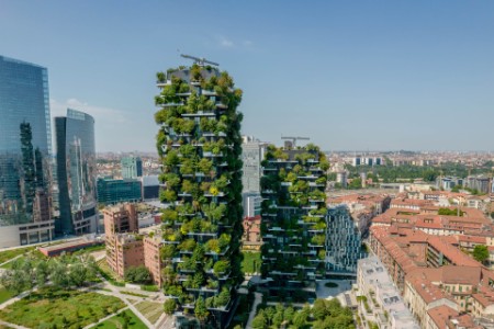 Aerial photo of bosco verticale vertical forest in milan