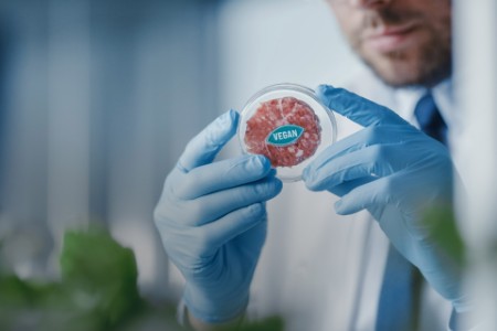 Microbiologist Holding Lab-Grown Cultured Vegan Meat Sample