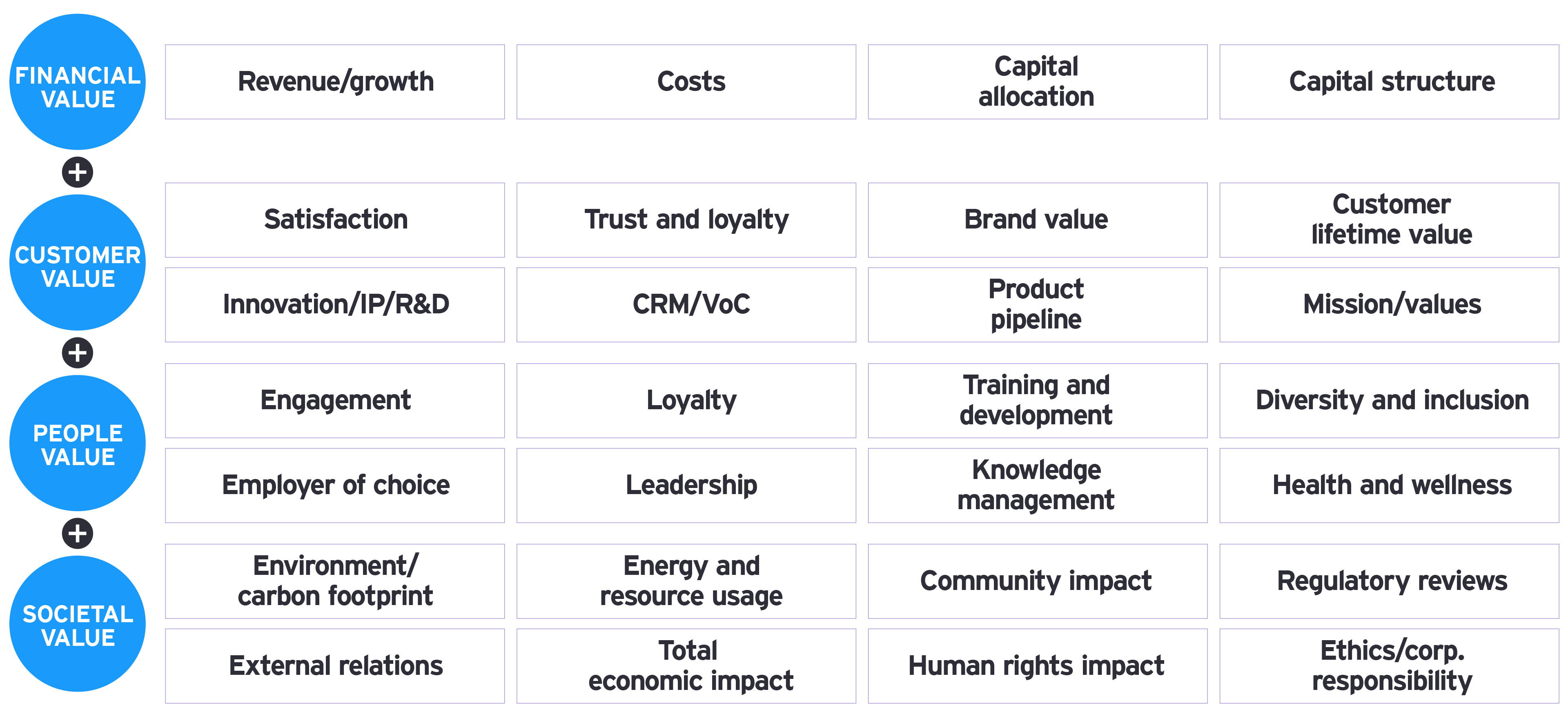 EY Long-Term Value Framework: financial, customer, people and societal value