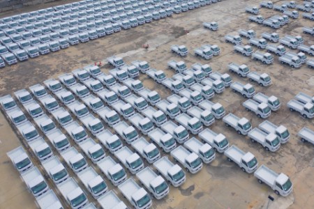 Aerial view of new trucks awaiting sale