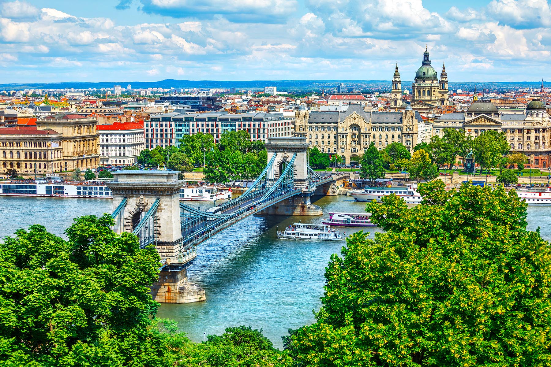 Chain bridge on Danube river in Budapest city, Hungary