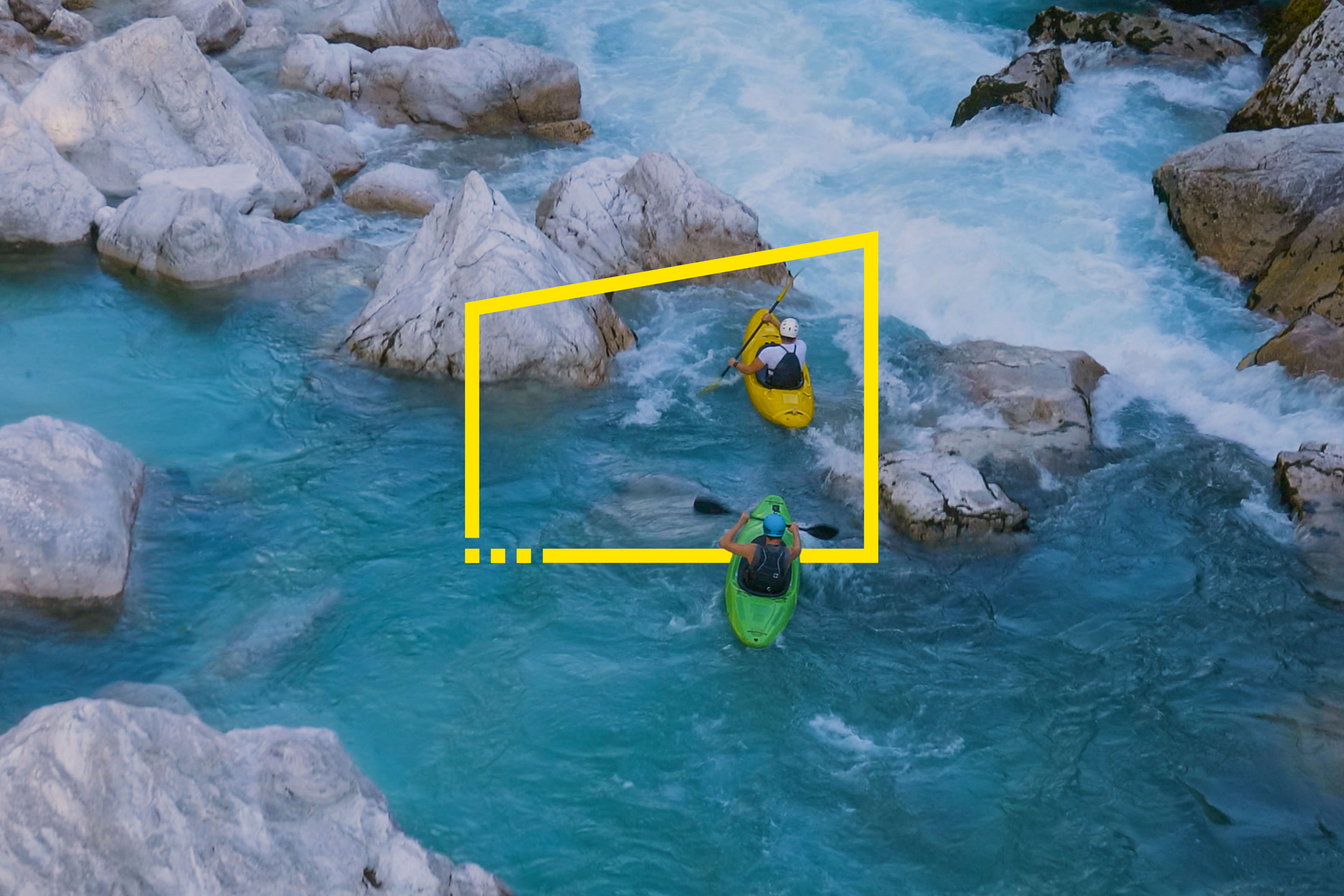 Two men kayaking through a river with frame