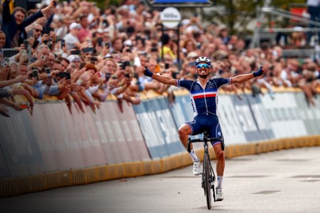 Julian Alaphilippe of France celebrates his win at the 2021 UCI Road World Championships in Flanders