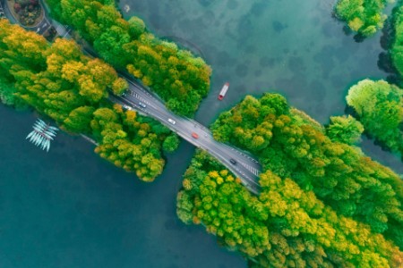 Arial view of road over river