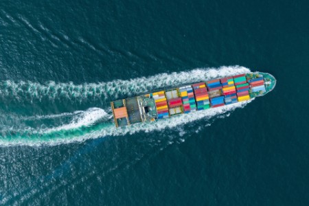Cargo container ship top view carrying container